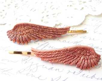 Rose Gold Feather Hair Pins - Angel Wing Bobby Pins - Rose Gold Feather Bobby Pin Set - Bridal Hair Pin - Large Feather Hair Pins