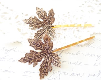 Ox Brass Maple Leaf Hair Pin Set - Maple Leaf Bobby Pins - Woodland Hair - Whimsical - Nature - Bridal Hair Accessory - Wedding Hair Pins