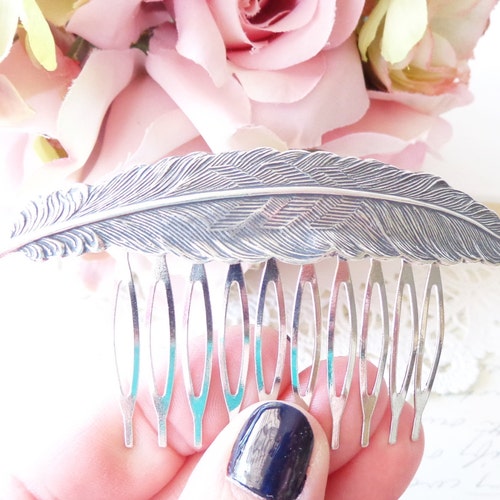 Sterling Silver Plated Feather Hair Comb Ox Silver Feather Etsy
