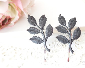 Leaf Branch Bobby Pin Set - Black Satin Finish - Woodland Collection - Whimsical - Nature - Bridal