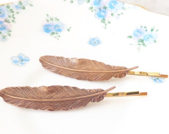 Copper Feather Hair Pins - Copper Feather Bobby Pin - Woodland Hair - Wedding Hair Pins - Bridal Hair Accessory - Golden Copper Feather