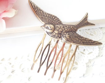 Ox Brass Flying Sparrow Hair Comb - Swallow Hair Comb - Flying Bird Hair Comb - Woodland Hair - Wedding Hair Comb - Ox Brass Bird Comb