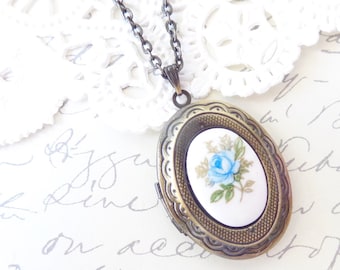 Vintage Rose Locket Necklace - Oval Locket - Keepsake - Vintage Limoges -Blue Rose - Antique Brass Locket