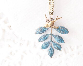 Verdigris Leaf Spray Sparrow Necklace - Verdigris Leaf Branch Necklace - Sparrow Necklace - Woodland Leaf Necklace - Layering Necklace