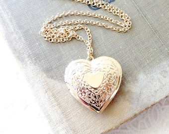 Gold Heart Locket - Gold Heart Pendant - Gold Heart Necklace - Gift For Her - Keepsake Jewelry - Heart Photo Locket - Valentines Day Gift