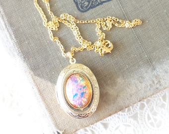 Pink Fire Opal Locket Necklace - Gold Locket - Birthstone Locket Necklace - Keepsake - October Birthday Gift - Fire Opal