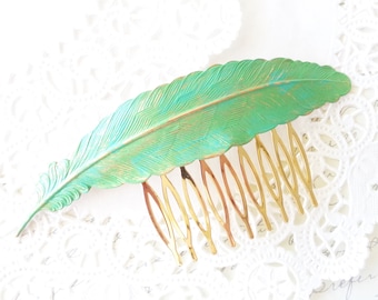 Patina Feather Hair Comb - Woodland Feather Hair Comb - Large Green Patina Feather - Wedding Hair - Bridal Hair Accessory - Green Verdigris