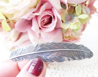 Ox Silver Feather Hair Barrette - Large Feather Hair Clip - French Feather Hair Barrette - Woodland Feather Barrette - Wedding Hair Clip