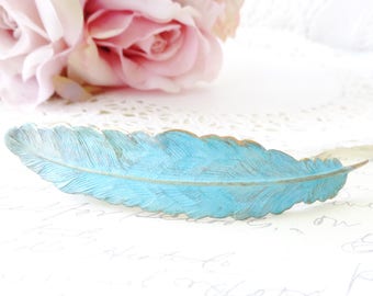 Verdigris Feather Hair Barrette - Large Feather Hair Clip - French Feather Hair Barrette - Woodland Feather Barrette - Wedding Hair Clip