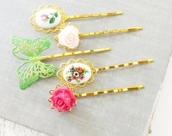 Flower Hair Pin Set - Pink Flower Floral Hair Pins - Vintage Limoges Hair Pins - Butterfly Hair Pin - Green Butterfly Bobby Pin - Flower Pin