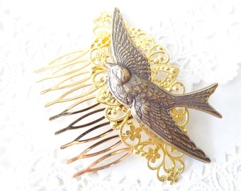 Gold Flying Sparrow Hair Comb - Flying Swallow Hair Comb - Ox Brass Bird Hair Comb - Woodland Hair Comb - Bridal Sparrow Hair Comb