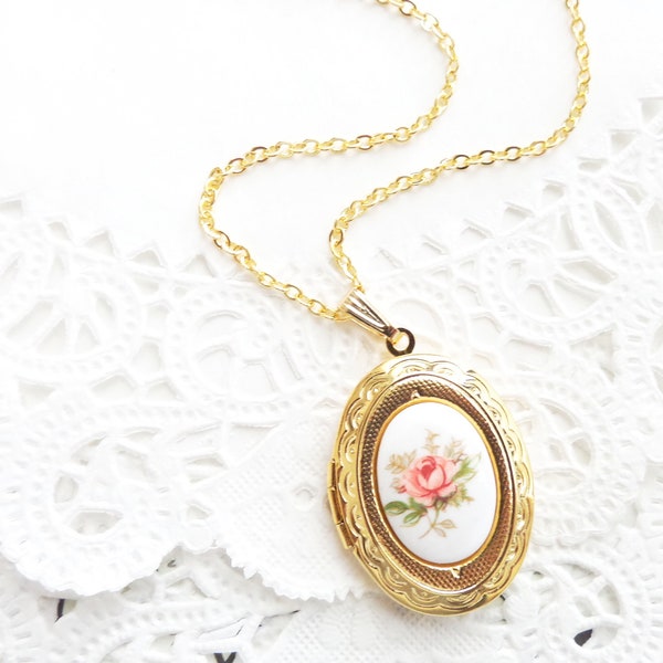 Vintage Rose Locket Necklace 16k Gold Plated - Gold Locket - Oval Locket - Keepsake - Vintage Limoges - Pink Rose Gold Locket