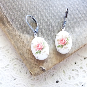Vintage limoges Earrings  - Vintage pink rose Earrings  - Silver flower Earrings  - Pink dangle Earrings  - Rose Earrings  - Porcelain