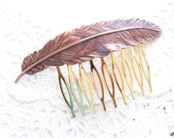 Copper Feather Hair Comb - Copper Feather Comb - Woodland Hair Accessory - Leaf Hair Comb - Bridal Feather Hair Comb - Large Feather Comb