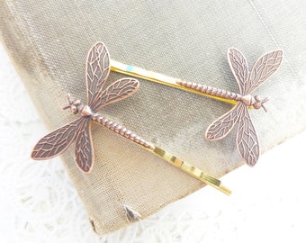 Copper Dragonfly Hair Pins - Dragonfly Bobby Pins - Dragonfly - Dragonfly Moth Fly Wings - Garden Wedding - Nature - Boho - Bridal Hair Pin