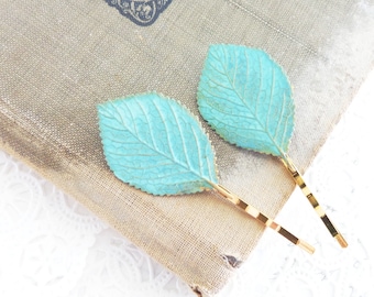 Verdigris Blatt Bobby Pin Set - Blau Grün Espen Haarnadeln - Birch Leaf Bobby Pin - Waldblatt Haarnadeln - Hochzeit Haar Accessoire - Braut