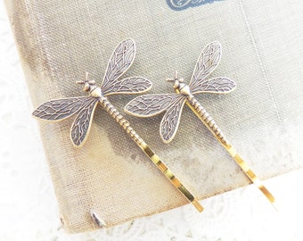 Ox Brass Dragonfly Hair Pins - Dragonfly Bobby Pins - Dragonfly - Dragonfly Moth Fly Wings - Garden Wedding - Nature - Boho - Bridal Hair