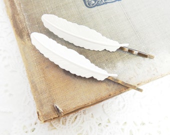 Cream Enamel Feather Bobby Pins - Cream Feather Hair Pins - Cream Satin Feather Hair Pin - Woodland Hair Pins - Feather Hair Pin Set