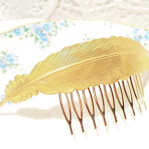 Gold Feather Hair Comb -  Large Gold Feather Comb - Wedding Hair Comb - Bridal Hair Comb - Large Gold Feather - Woodland Hair Comb