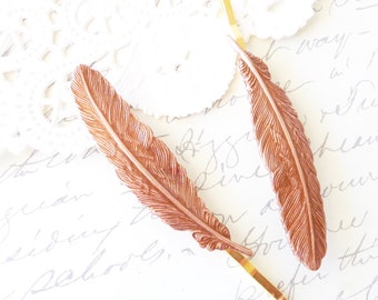 Rose Gold Feather Hair Pins - Rose Gold Feather Bobby Pin - Woodland Hair Pin Set - Whimsical - Bridal Hair Accessory