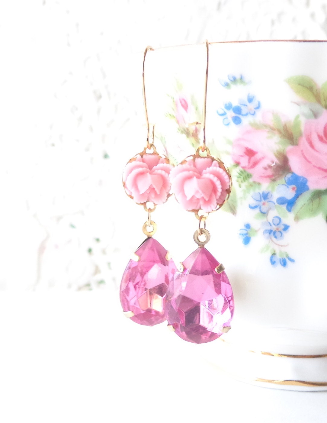 Pretty In Pink Vintage Jewel Flower Earrings Pink | Etsy