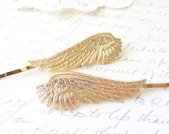 Golden Feather Hair Pins - Angel Wing Bobby Pins - Gold Feather Hair Pin - Feather Bobby Pins - Bridal Feather Hair Accessory - Gold Feather