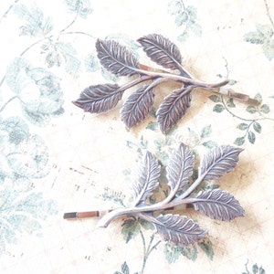 Sterling Silver Plated Leaf Branch Bobby Pin Set Woodland Leaf Hair Pins Wedding Leaf Branch Hair Accessory Bridal Hair Pins image 3