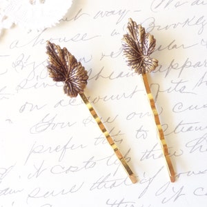 Golden Leaf Hair Pin Set Leaf Bobby Pin Ox Brass Leaf Hair Pins Woodland Collection Whimsical Nature Bridal Hair Pins image 3