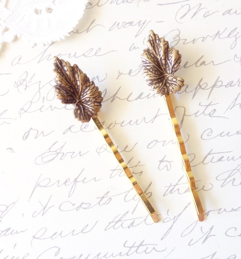 Golden Leaf Hair Pin Set Leaf Bobby Pin Ox Brass Leaf Hair Pins Woodland Collection Whimsical Nature Bridal Hair Pins image 3
