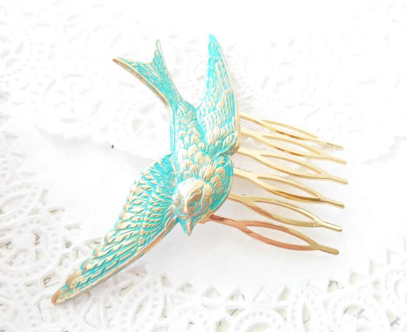 Aqua Flying Sparrow Hair Comb Golden Turquoise Patina Large Sparrow Hair Accessory Large Bird Hair Comb Woodland Swallow Hair Comb image 2