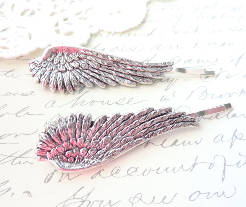 Silver Plated Feather Hair Pins Ox Silver Feather Bobby Pins Feather Hair Pin Woodland Hair Wedding Hair Bridal Angel Wing Pins image 1