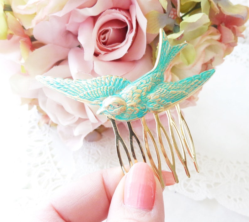 Aqua Flying Sparrow Hair Comb Golden Turquoise Patina Large Sparrow Hair Accessory Large Bird Hair Comb Woodland Swallow Hair Comb image 4