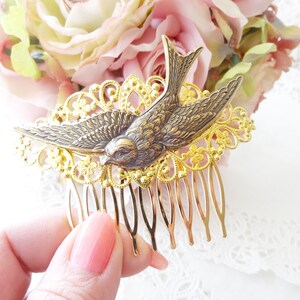 Gold Flying Sparrow Hair Comb Flying Swallow Hair Comb Ox Brass Bird Hair Comb Woodland Hair Comb Bridal Sparrow Hair Comb image 6