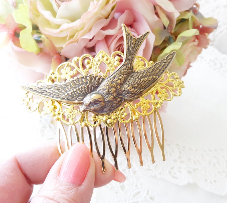 Gold Flying Sparrow Hair Comb Flying Swallow Hair Comb Ox Brass Bird Hair Comb Woodland Hair Comb Bridal Sparrow Hair Comb image 6