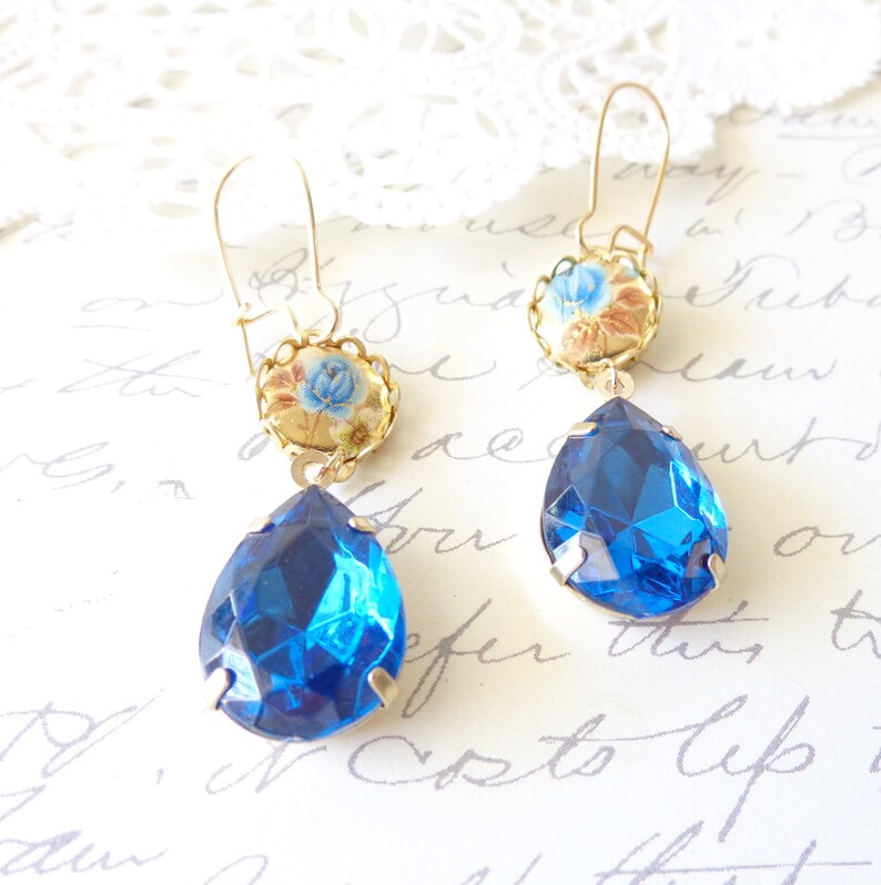 Dangle Earrings Bridal Blue Rose Earrings Bridesmaid Earrings Vintage Limoges Earrings Vintage Sapphire Rhinestone Earrings