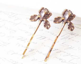 Golden Iris Flower Hair Pins - Ox Brass Iris Flower Bobby Pins - Woodland Hair Pins - Rustic - Nature - Bridal Hair