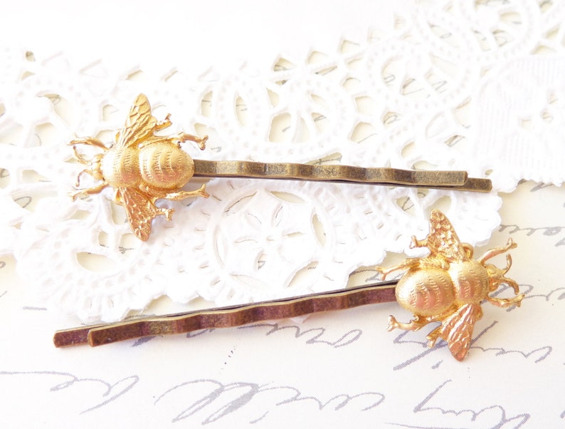 Golden Brass Bumble Bee Hair Pins Bumble Bee Bobby Pins Bumblebee Woodland Nature Wedding Hair Insect Fly Moth Bee image 4