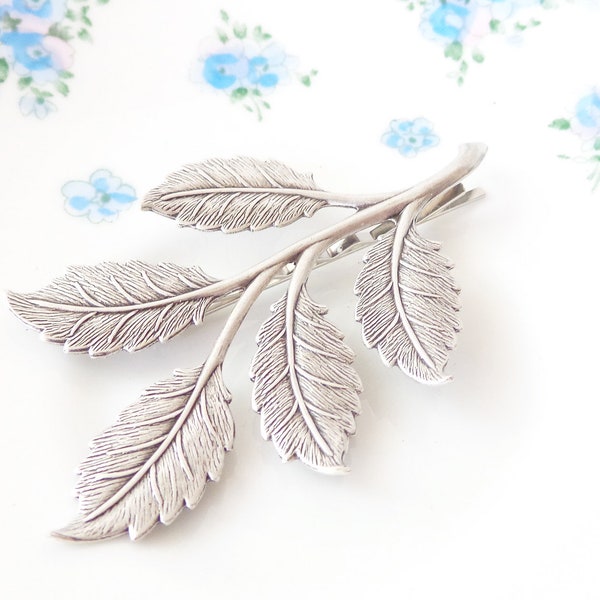 Sterling Silver Plated Leaf Branch Hair Pin - Silver Branch Bobby Pin - Large Leaf Hair Pin - Bridal Hair Accessorry - Woodland Leaf Hair