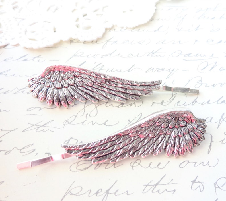 Silver Plated Feather Hair Pins Ox Silver Feather Bobby Pins Feather Hair Pin Woodland Hair Wedding Hair Bridal Angel Wing Pins image 3