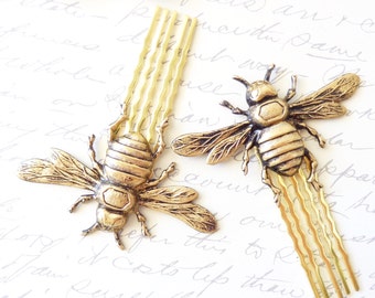 Golden Ox Brass Bumble Bee Hair Comb Set - Bumblebee - Woodland - Nature Wedding Hair - Insect - Fly - Moth - Bee Hair Combs