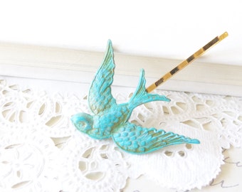 Verdigris Sparrow Bobby Pin - Sparrow Hair Pin - Swallow Hair Pin- Woodland Collection - Patina Flying Bird Hair Pin Bobby Pin - Blue Bird