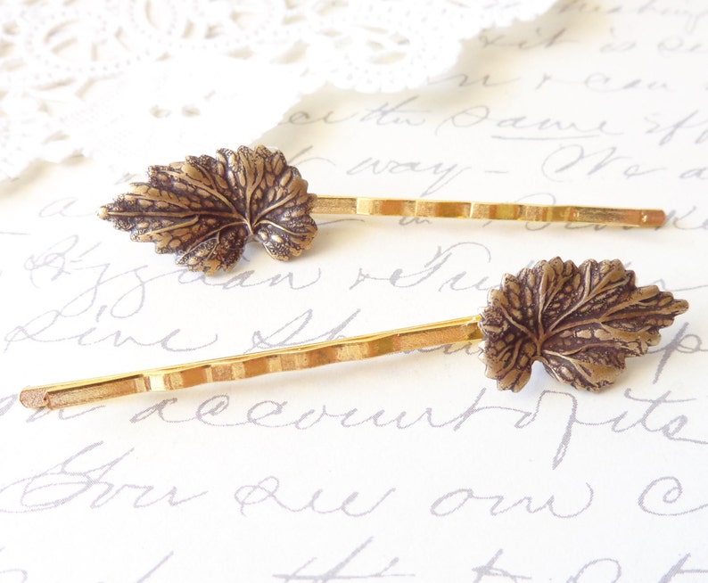 Golden Leaf Hair Pin Set Leaf Bobby Pin Ox Brass Leaf Hair Pins Woodland Collection Whimsical Nature Bridal Hair Pins image 2