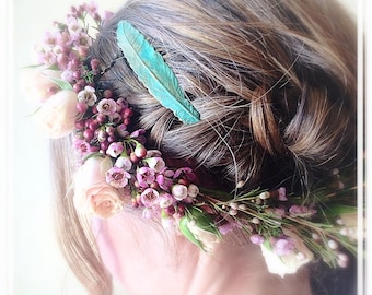 Verdigris Feather Hair Comb - Gold Hair Comb - Green Patina Feather Hair Comb- Woodland Hair - Whimsy - Bridal Hair Accessory