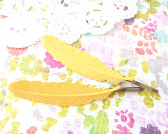 Yellow Enamel Feather Hair Bobby Pins - Enamel Hair Pins - Woodland Collection - Whimsy - Bridal - Feather Hair pins