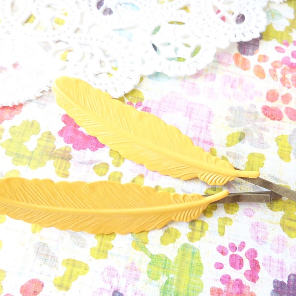 Yellow Enamel Feather Hair Bobby Pins - Enamel Hair Pins - Woodland Collection - Whimsy - Bridal - Feather Hair pins