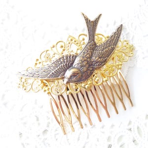 Gold Flying Sparrow Hair Comb Flying Swallow Hair Comb Ox Brass Bird Hair Comb Woodland Hair Comb Bridal Sparrow Hair Comb image 2