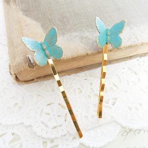 Verdigris Butterfly Hair Pins - Butterfly Bobby Pins - Butterfly Hair Pin Set - Uplifted Wings - Green Butterfly Bobby Pin - Butterfly Hair