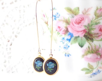 Vintage Limoges Blue On Black Rose Earrings - Long Dangle Earrings - Flower Cameo Earrings - Garden Wedding - Blue Rose - Something Blue