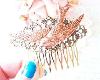 Rose Gold Flying Sparrow Hair Comb - Flying Swallow Hair Comb - Rose Gold Bird Hair Comb - Woodland Hair Comb - Bridal Hair Comb