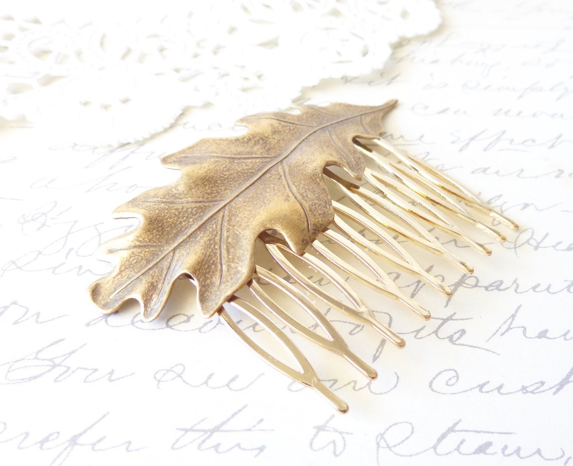 Leaf Rack Comb Golden Ox Brass Leaf Hair Comb - Oak Leaf Hair Comb - Woodland Leaf ...